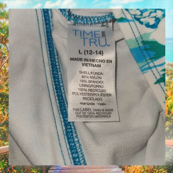 Time & Tru Green & Blue Floral Halter One-Piece Swimsuit - Picture 4 of 4